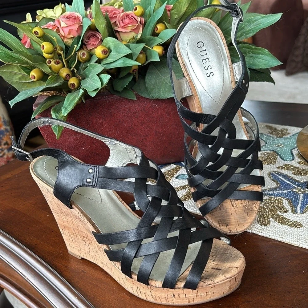 Guess Genuine Leather Black Multi-Strap Wedges Slingback Heeled Sandals Strappy
